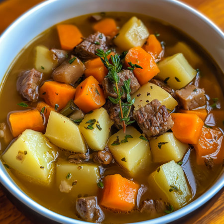 Delicious Irish stew with beef, potatoes, carrots and herbs cooking in a bowlの写真素材