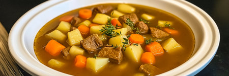 Delicious Irish stew with beef, potatoes, carrots and herbs cooking in a bowlの写真素材