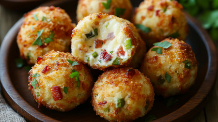 Crispy jalapeno popper cheese balls with bacon, garnished with fresh parsley, served with a spicy...