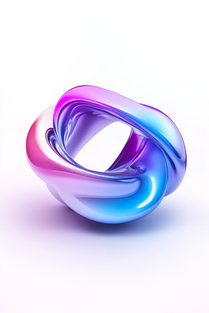 Pink and blue metallic abstract 3d shape with a hole in the center, casting subtle shadows on a soft...