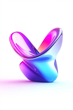 Pink and blue metallic abstract 3d shape with a hole in the center, casting subtle shadows on a soft...