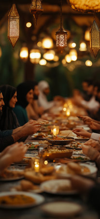 Muslim families and friends gathering for iftar, breaking their fast during the holy month of Ramadan, enjoying a meal together under beautiful ornamental lanternsの写真素材