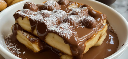 Two golden waffles, generously drizzled with chocolate spread and dusted with icing sugar, create a...