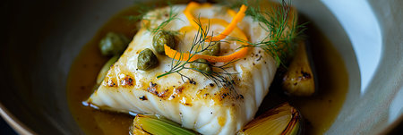 Close-up of a delicious roasted monkfish fillet served with caramelized orange zest, capers, and fennel, creating an elegant and flavorful dishの写真素材