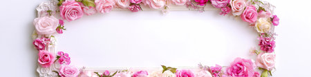 Floral frame made of pink and white roses, peonies, and small flowers creating a border on a white...