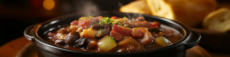 Delicious coq au vin, traditional French stew, simmering in cast iron pot, served with crusty bread, perfect for cozy mealの写真素材