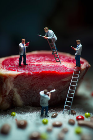 Miniature scientists exploring a giant steak, conducting research and taking notes in a surreal food science conceptの写真素材