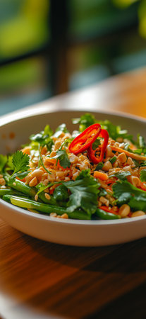 Delicious Thai salad featuring fresh asparagus, herbs, carrots, peanuts, and chili pepper, creating a vibrant and healthy mealの写真素材