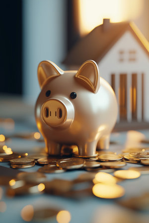 Golden piggy bank and miniature house placed on a pile of coins represent saving and investment for homeownershipの写真素材