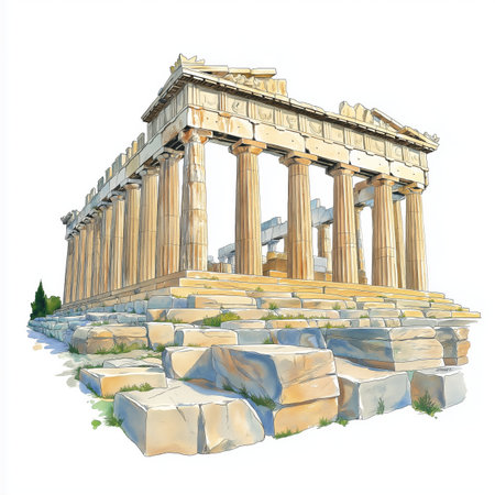 Acropolis of Athens. Acropolis of Athens hand drawn watercolor illustration on white backgroundの写真素材