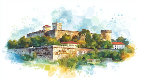 Belgrade Fortress. Belgrade Fortress hand drawn watercolor illustration on white backgroundの写真素材