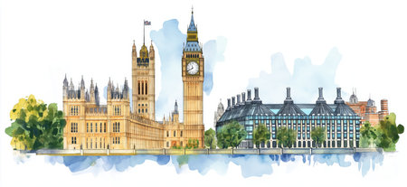 Big Ben and Houses of Parliament. Big Ben and Houses of Parliament hand drawn watercolor illustration on white backgroundの写真素材