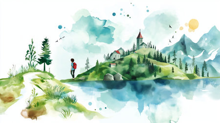 Camino de Santiago. Camino de Santiago hand drawn watercolor illustration on white backgroundの写真素材