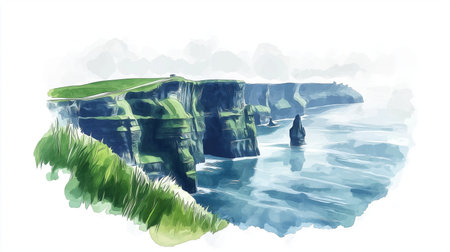 Cliffs of Moher. Cliffs of Moher hand drawn watercolor illustration on white backgroundの写真素材