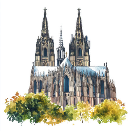 Cologne Cathedral. Cologne Cathedral hand drawn watercolor illustration on white backgroundの写真素材