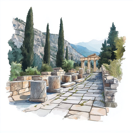Delphi Archaeological Site. Delphi Archaeological Site hand drawn watercolor illustration on white backgroundの写真素材
