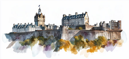 Edinburgh Castle. Edinburgh Castle hand drawn watercolor illustration on white backgroundの写真素材