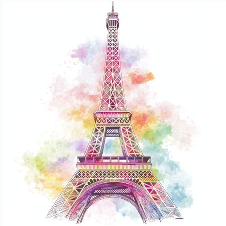 Eiffel Tower. Eiffel Tower hand drawn watercolor illustration on white backgroundの写真素材