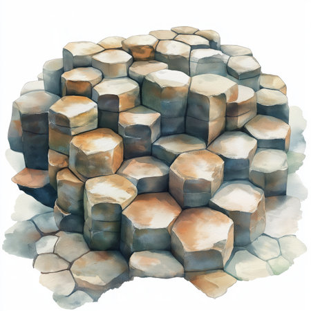 Giants Causeway. Giants Causeway hand drawn watercolor illustration on white backgroundの写真素材