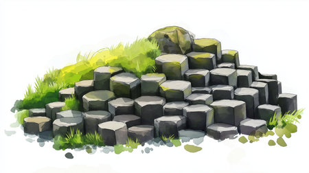 Giants Causeway. Giants Causeway hand drawn watercolor illustration on white backgroundの写真素材