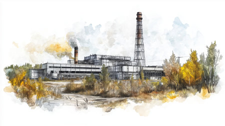 Chernobyl Exclusion Zone. Chernobyl Exclusion Zone hand drawn watercolor illustration on white backgroundの写真素材