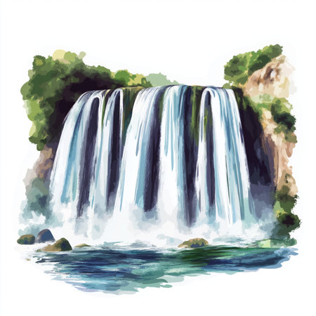 Waterfall hand drawn watercolor illustration on white backgroundの写真素材