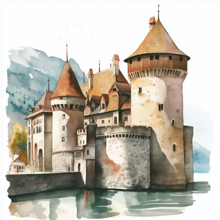 Chateau de Chillon. Chateau de Chillon hand drawn watercolor illustration on white backgroundの写真素材