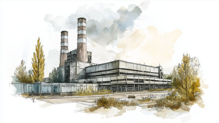 Chernobyl Exclusion Zone. Chernobyl Exclusion Zone hand drawn watercolor illustration on white backgroundの写真素材