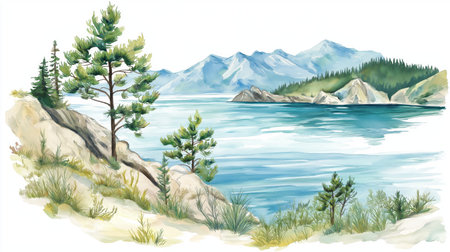 Lake Baikal. Lake Baikal hand drawn watercolor illustration on white backgroundの写真素材