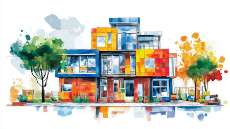 LEGO House in Billund. LEGO House in Billund hand drawn watercolor illustration on white backgroundの写真素材