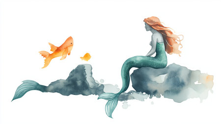 The Little Mermaid Statue hand drawn watercolor illustration on white backgroundの写真素材