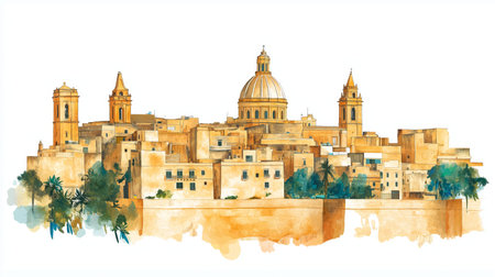 Mdina Old Town. Mdina Old Town hand drawn watercolor illustration on white backgroundの写真素材