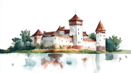 Mir Castle. Mir Castle hand drawn watercolor illustration on white backgroundの写真素材