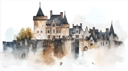 Gravensteen Castle. Gravensteen Castle hand drawn watercolor illustration on white backgroundの写真素材