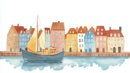 Nyhavn. Nyhavn hand drawn watercolor illustration on white backgroundの写真素材