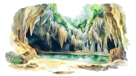 Cave post. Postojna Cave hand drawn watercolor illustration on white backgroundの写真素材
