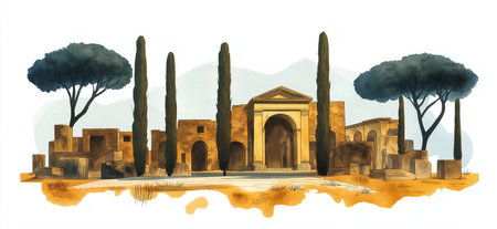 Pompeii Ruins. Pompeii Ruins hand drawn watercolor illustration on white backgroundの写真素材