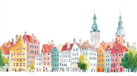 Riga Old Town. Riga Old Town hand drawn watercolor illustration on white backgroundの写真素材
