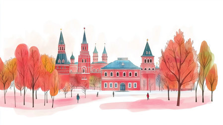 Red Square and State Historical Museum. Red Square and State Historical Museum hand drawn watercolor illustration on white backgroundの写真素材