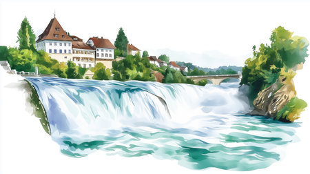 Rhine Falls. Rhine Falls hand drawn watercolor illustration on white backgroundの写真素材