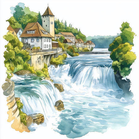 Rhine Falls. Rhine Falls hand drawn watercolor illustration on white backgroundの写真素材