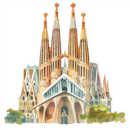 Sagrada Familia. Sagrada Familia hand drawn watercolor illustration on white backgroundの写真素材