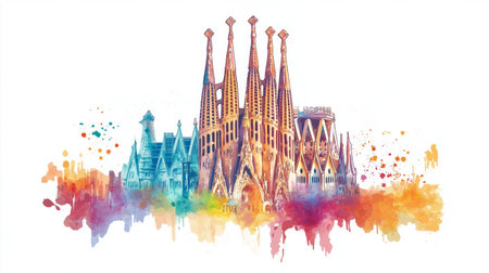Sagrada Familia. Sagrada Familia hand drawn watercolor illustration on white backgroundの写真素材