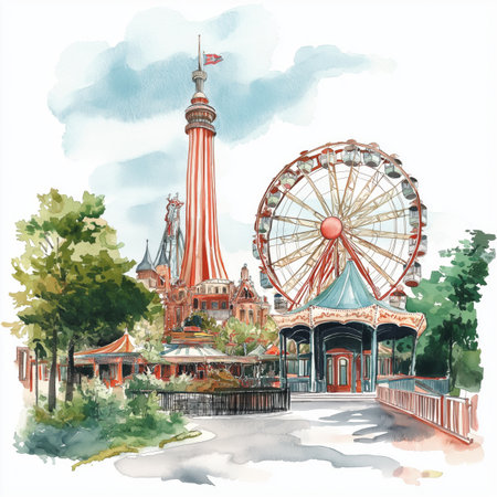 Tivoli Gardens. Tivoli Gardens hand drawn watercolor illustration on white backgroundの写真素材