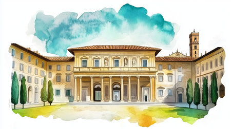 Uffizi Gallery. Uffizi Gallery hand drawn watercolor illustration on white background