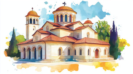 Studenica Monastery. Studenica Monastery hand drawn watercolor illustration on white backgroundの写真素材