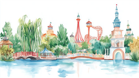 Tivoli Gardens. Tivoli Gardens hand drawn watercolor illustration on white backgroundの写真素材