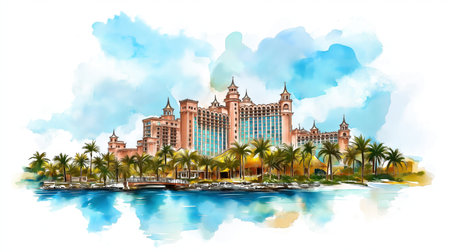 Atlantis Resort. Atlantis Resort hand drawn watercolor illustration on white backgroundの写真素材