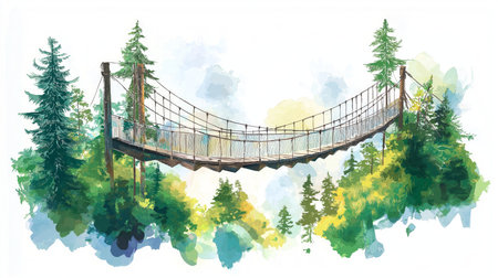 Capilano Suspension Bridge Park. Capilano Suspension Bridge Park hand drawn watercolor illustration on white backgroundの写真素材