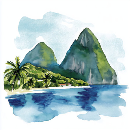 Castries and the Pitons. Castries and the Pitons hand drawn watercolor illustration on white...